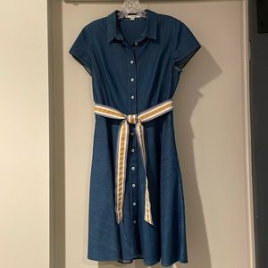 Boden soft denim shirt dress. Full skirt, ribbon belt
